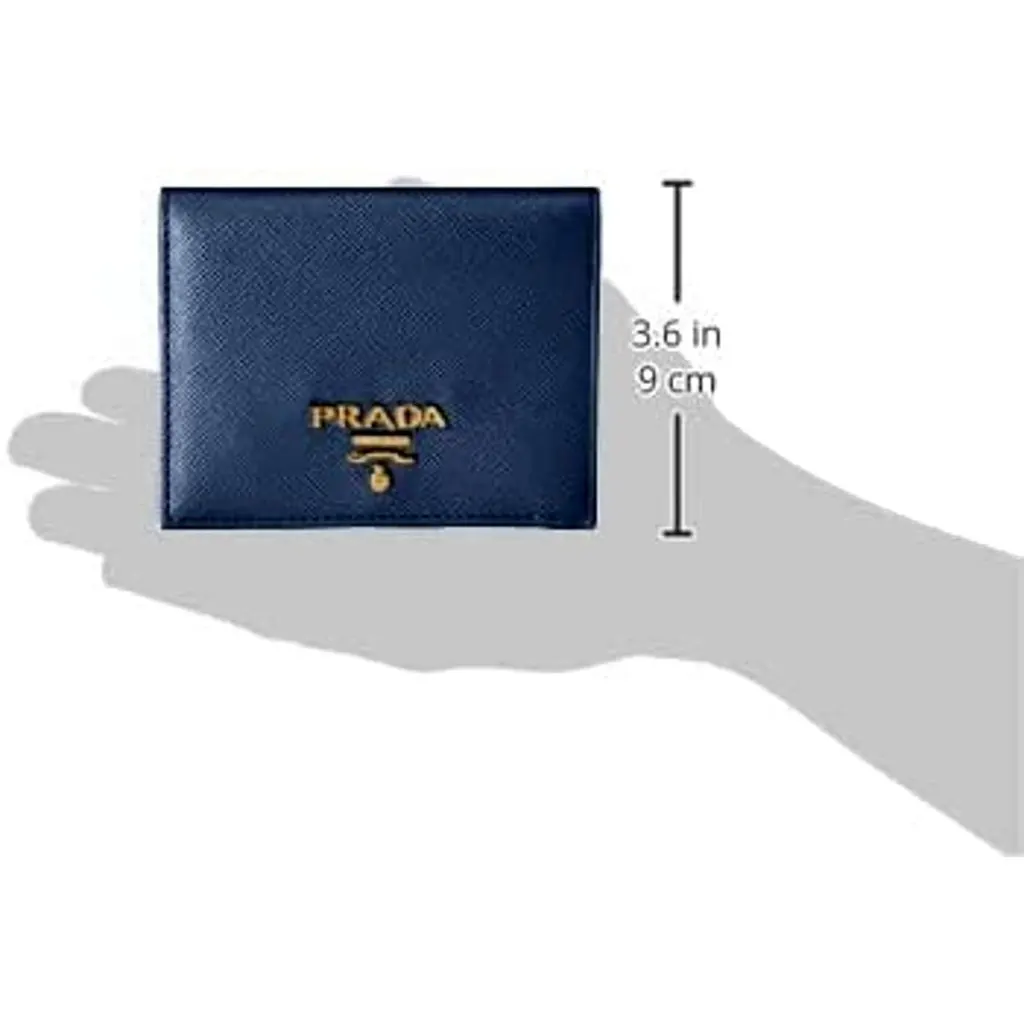 Prada Saffiano Baltico Blue Leather Gold Logo Bifold Snap Wallet Gold Leather Never worn - Box View