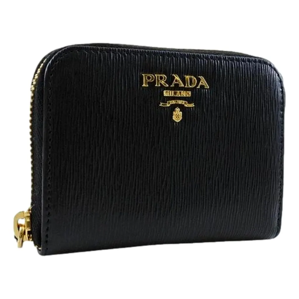 Prada Black Vitello Move Leather Gold Zip Coin Purse Wallet Black Leather Never worn - Front View