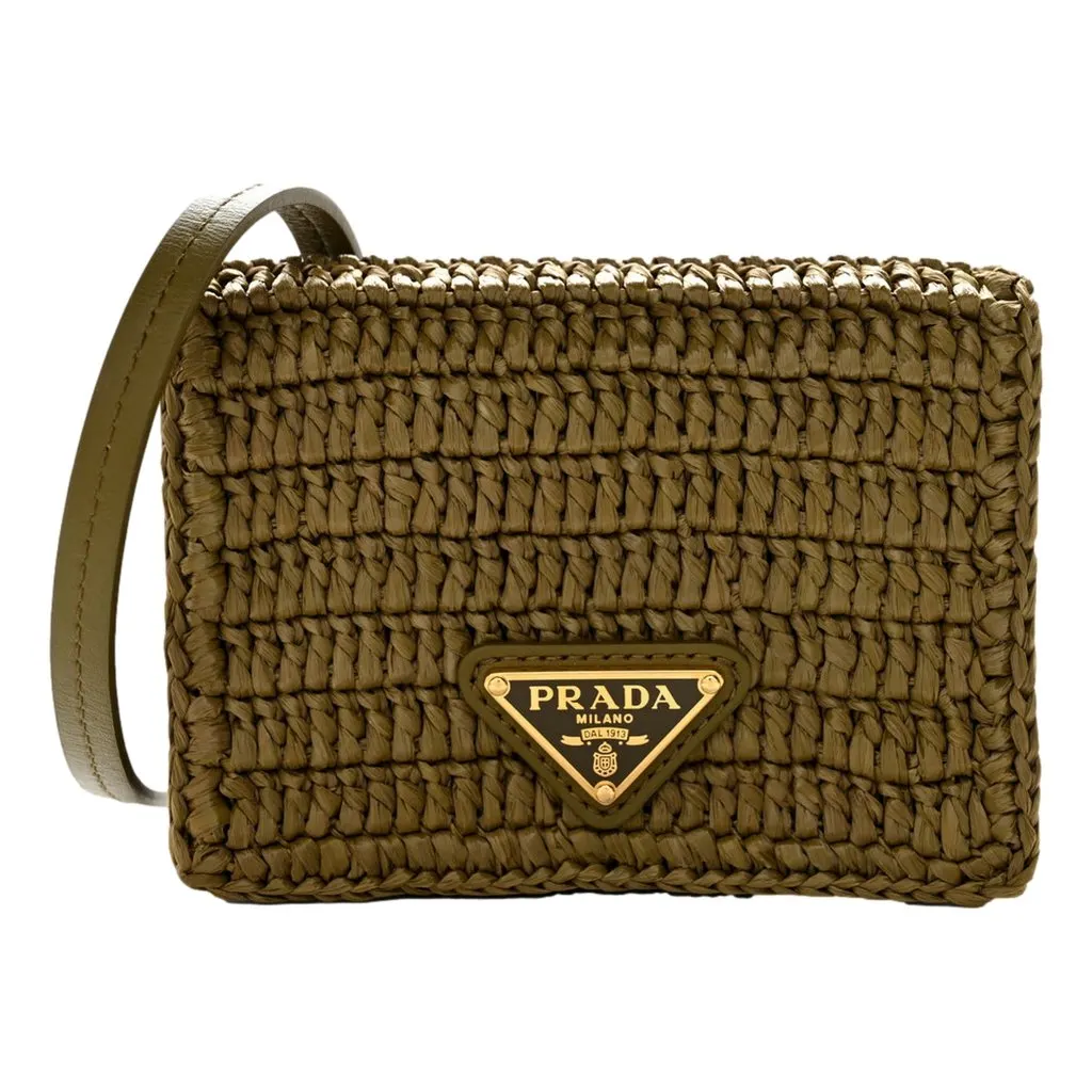 Prada Olive Green Crochet Raffia Mini Crossbody Bag with Leather Strap Green Leather Never worn - Front View