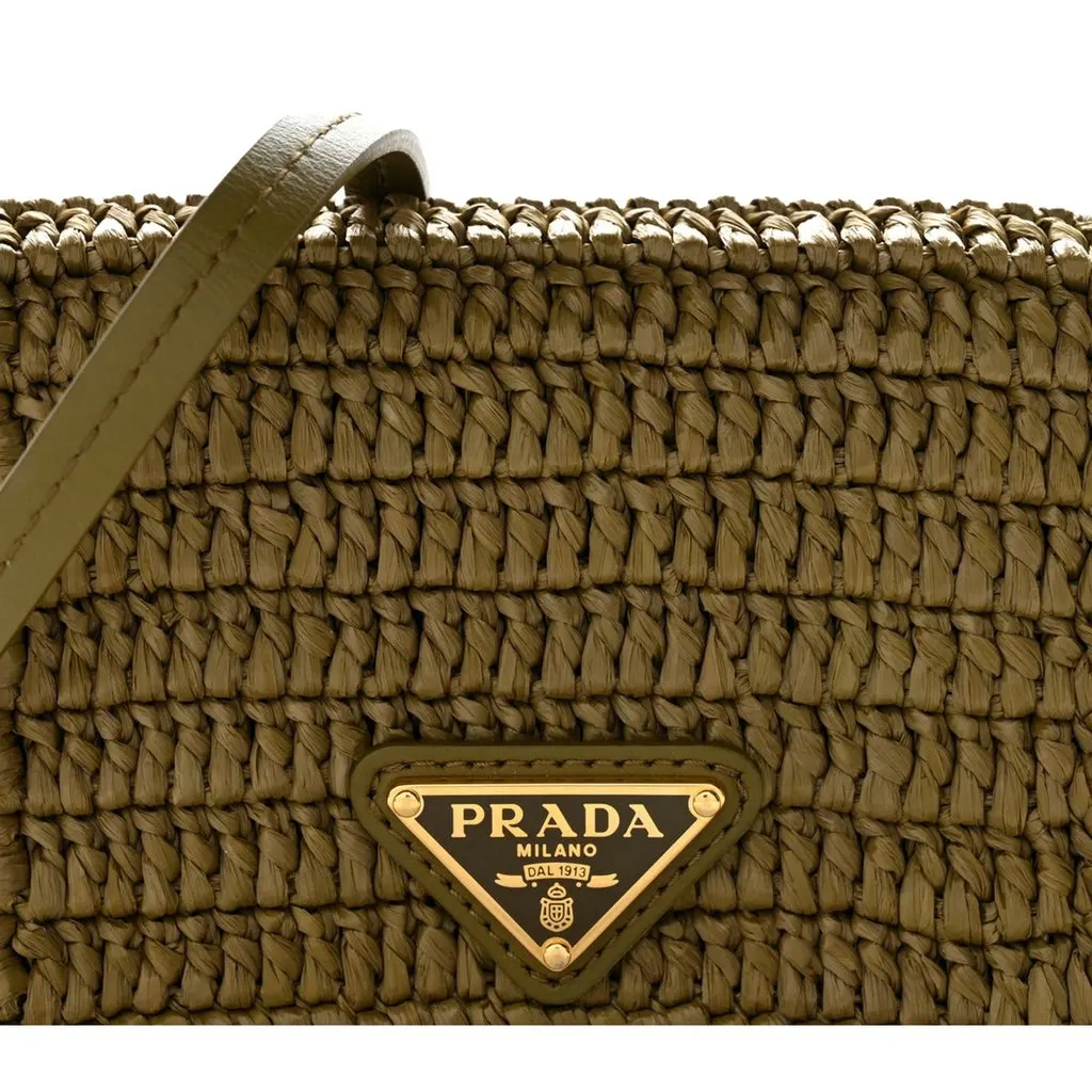 Prada Olive Green Crochet Raffia Mini Crossbody Bag with Leather Strap Green Leather Never worn - Box View