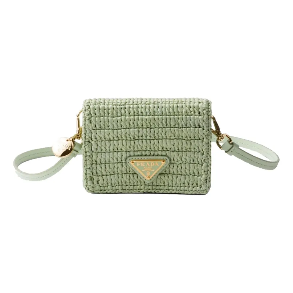 Prada Sage Green Crochet Raffia Mini Shoulder Bag with Leather Strap Green Leather Never worn - Front View