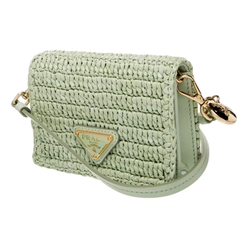 Prada Sage Green Crochet Raffia Mini Shoulder Bag with Leather Strap Green Leather Never worn - Back View