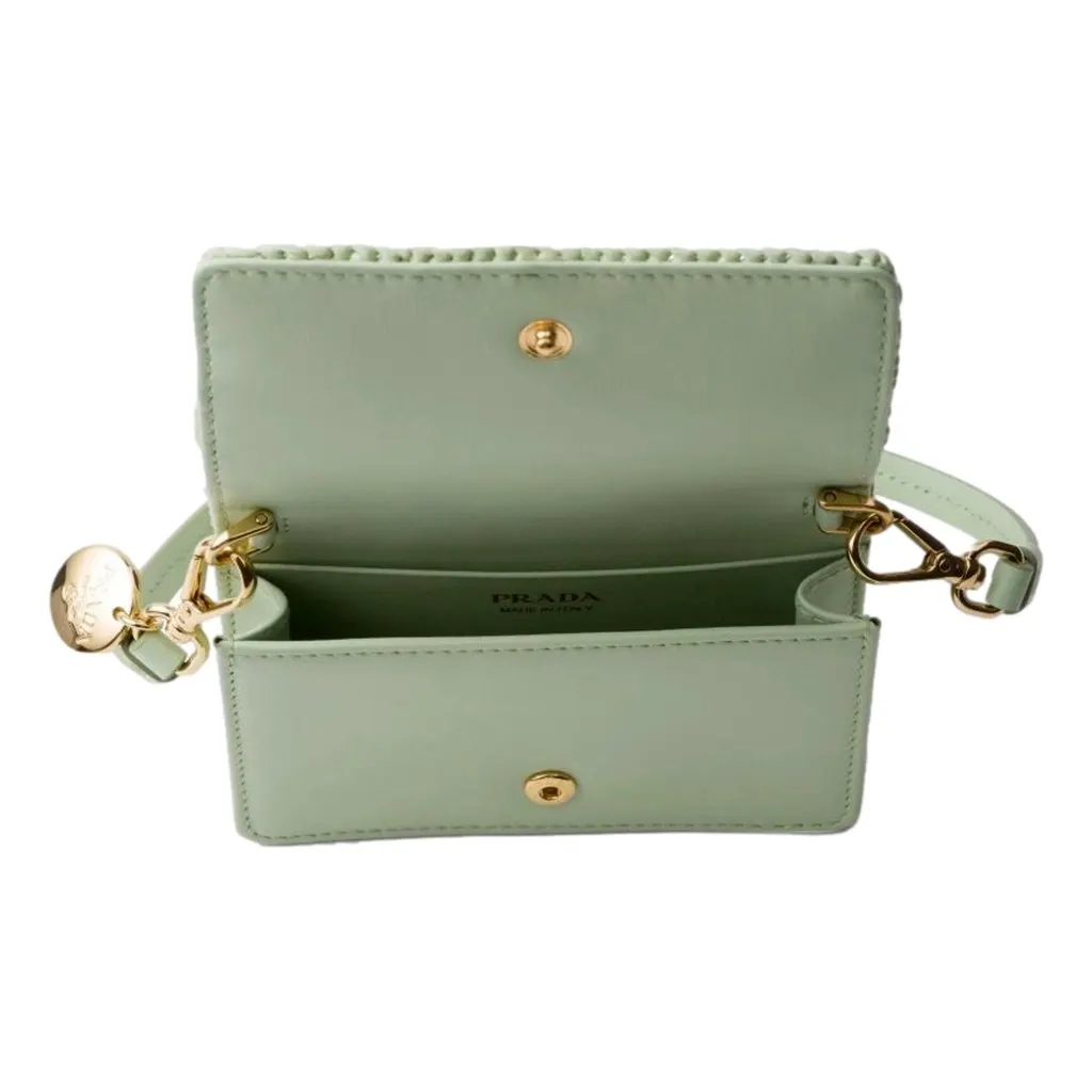 Prada Sage Green Crochet Raffia Mini Shoulder Bag with Leather Strap Green Leather Never worn - Inside View