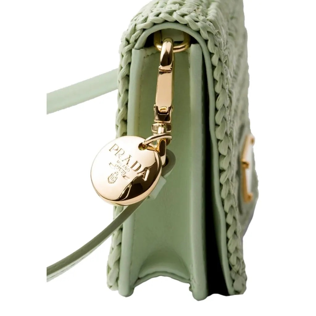 Prada Sage Green Crochet Raffia Mini Shoulder Bag with Leather Strap Green Leather Never worn - Model View