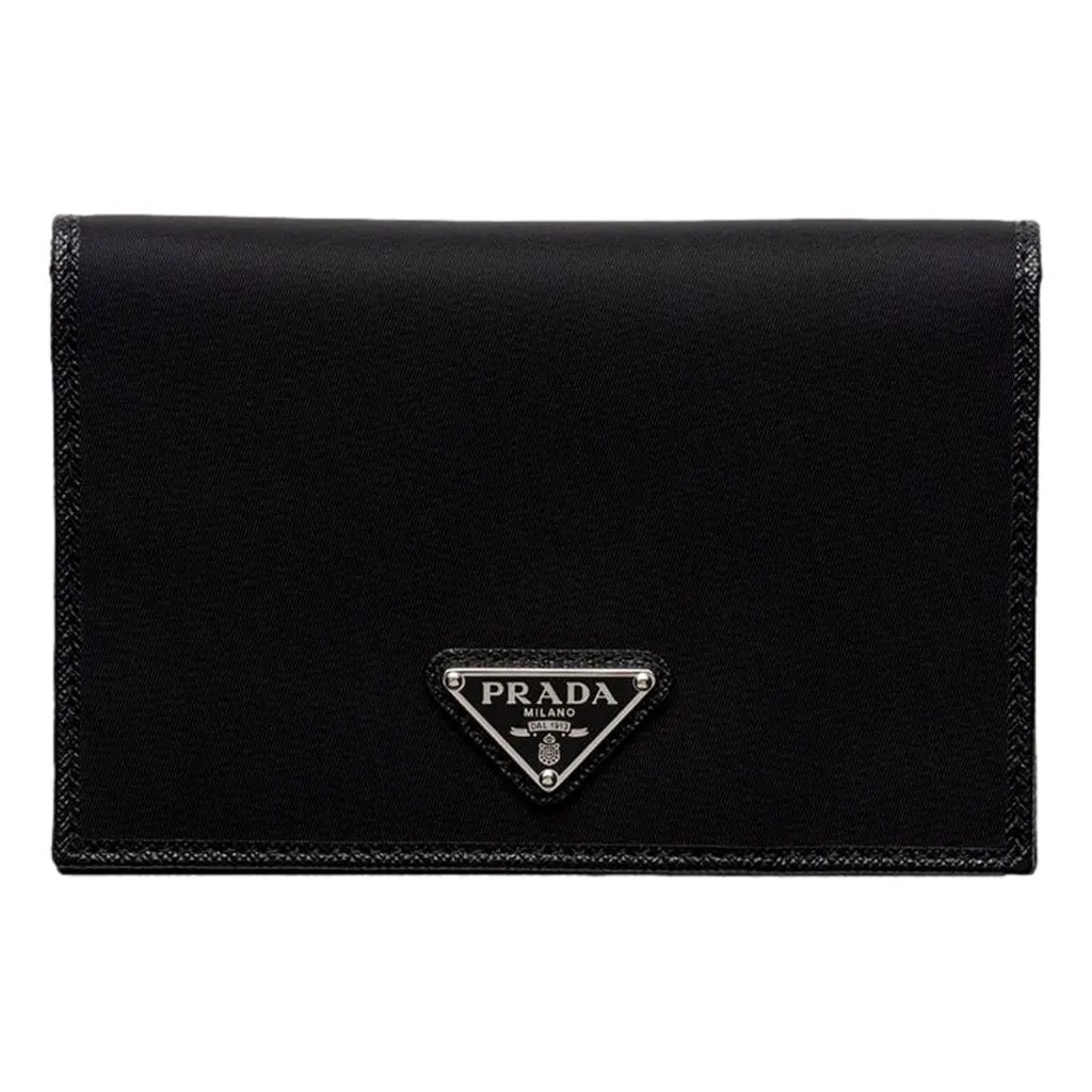 Prada Re-Nylon Tessuto Black Saffiano Passport Holder Triangle Logo Black Leather Never worn - Front View