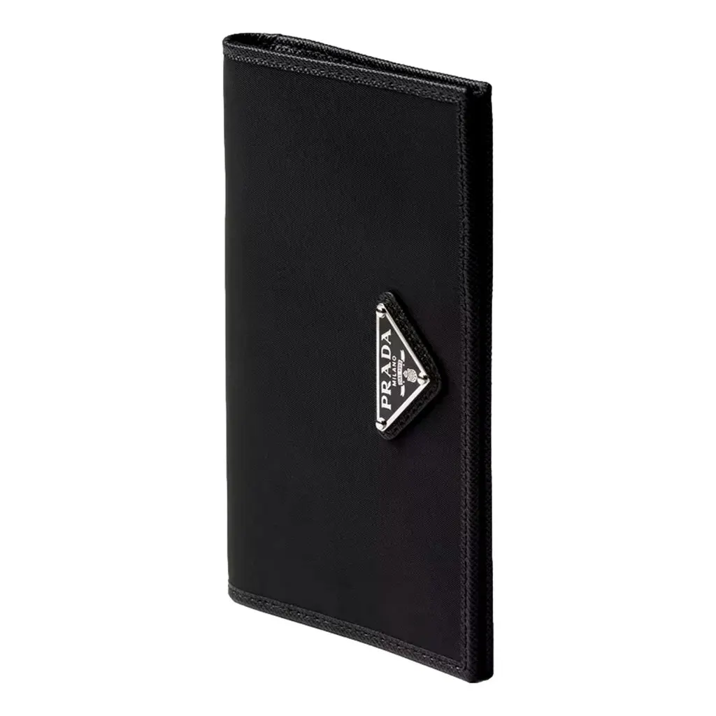 Prada Re-Nylon Tessuto Black Saffiano Passport Holder Triangle Logo Black Leather Never worn - Back View