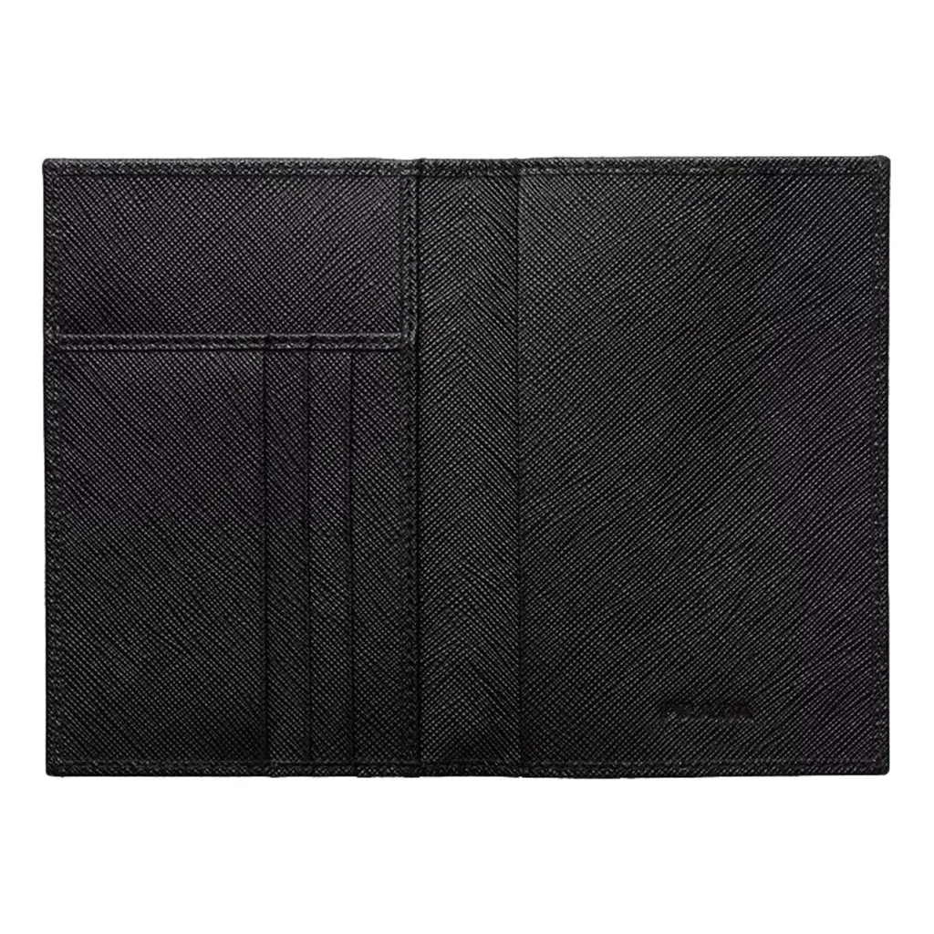 Prada Re-Nylon Tessuto Black Saffiano Passport Holder Triangle Logo Black Leather Never worn - Inside View