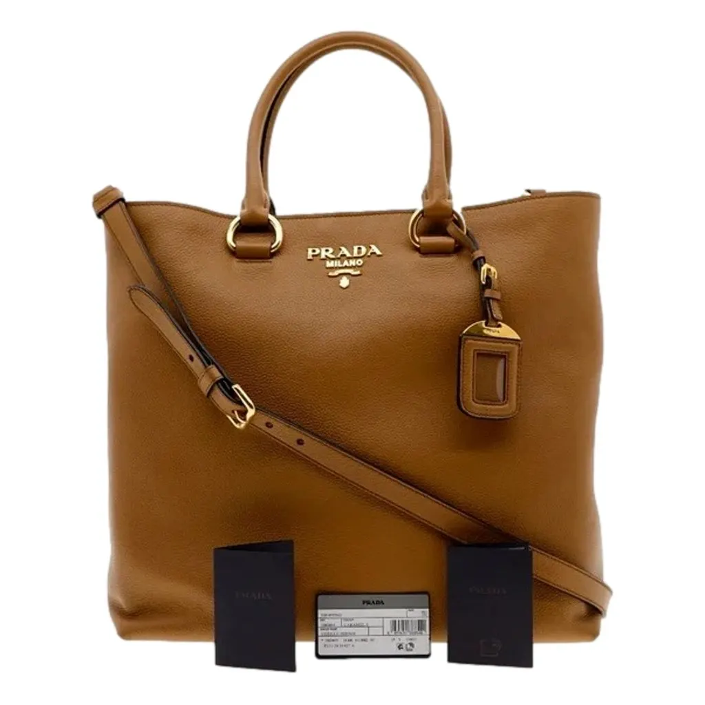 Prada Caramel Brown Vitello Phenix Leather Shopping Tote Bag MultiColor Leather Never worn - Box View