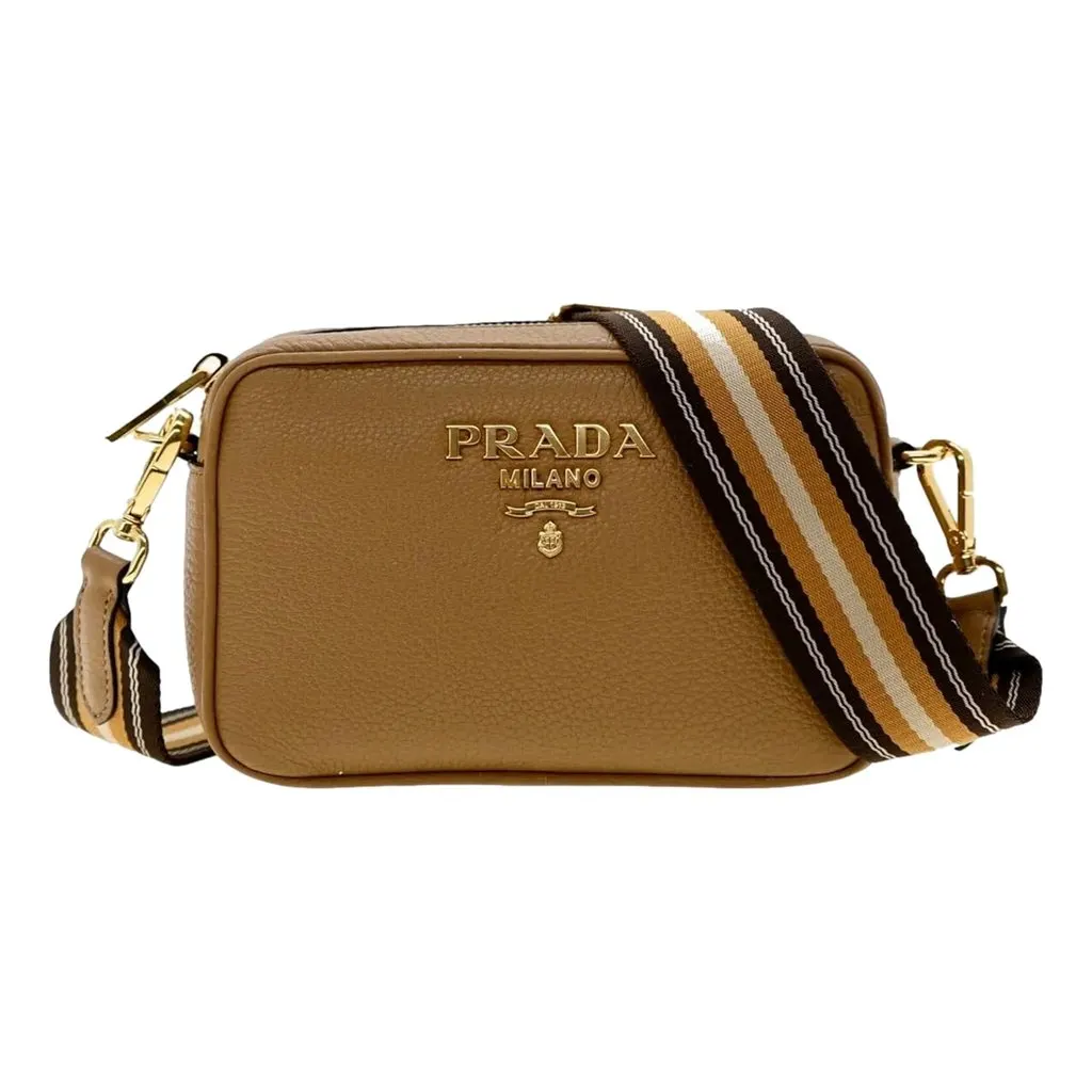 Prada Tan Caramel Pebbled Leather Crossbody Bag Web Stripe Strap Gold Hardware Brown Leather Never worn - Back View