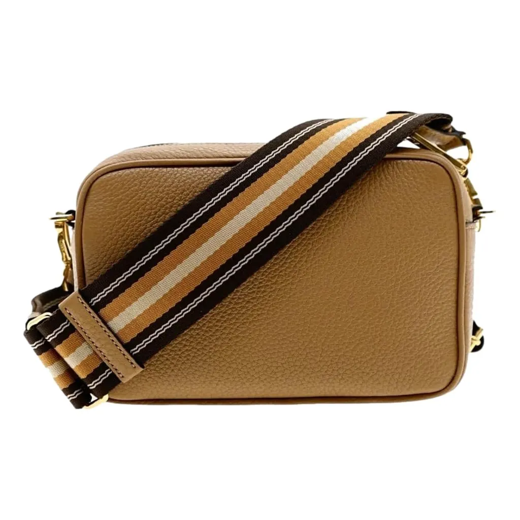 Prada Tan Caramel Pebbled Leather Crossbody Bag Web Stripe Strap Gold Hardware Brown Leather Never worn - Inside View