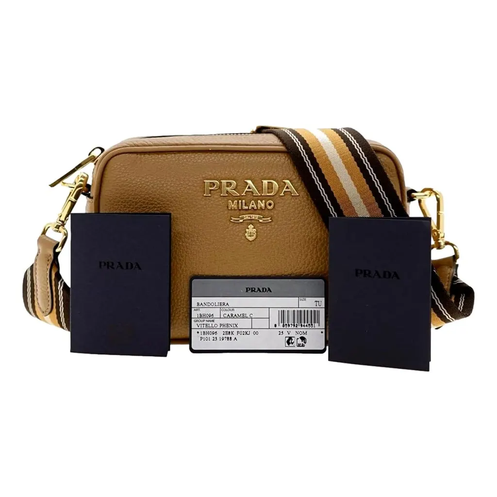 Prada Tan Caramel Pebbled Leather Crossbody Bag Web Stripe Strap Gold Hardware Brown Leather Never worn - Model View