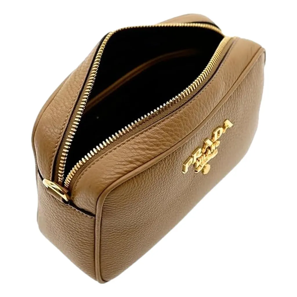 Prada Tan Caramel Pebbled Leather Crossbody Bag Web Stripe Strap Gold Hardware Brown Leather Never worn - Box View