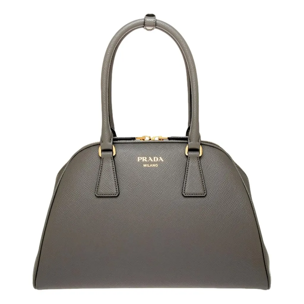 Prada Saffiano Soft Calfskin Top Handle Handbag Medium Marmo Gray Grey Leather Never worn - Front View