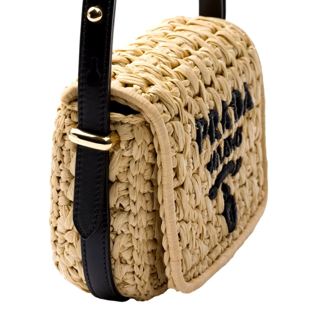 Prada Milano Beige Crochet Raffia Small Crossbody Bag Beige Leather Never worn - Back View