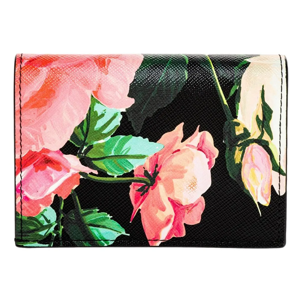 Prada Saffiano Black Floral Printed Snap Bifold Coin Zipper Wallet Black Leather Never worn - Back View
