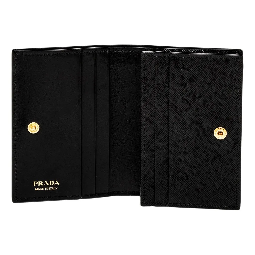 Prada Saffiano Black Floral Printed Snap Bifold Coin Zipper Wallet Black Leather Never worn - Inside View
