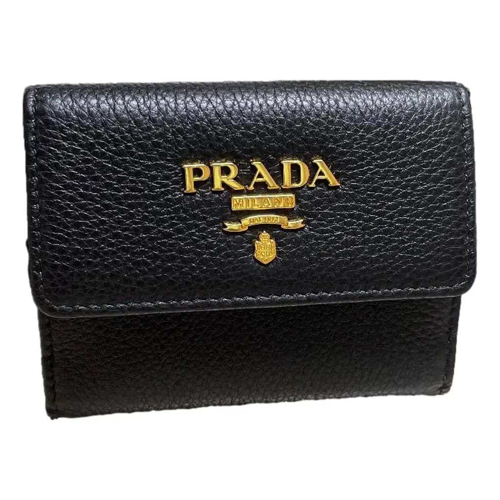 Prada Vitello Grain Nero Black Bifold ID Holder Snap Wallet Black Leather Never worn - Front View