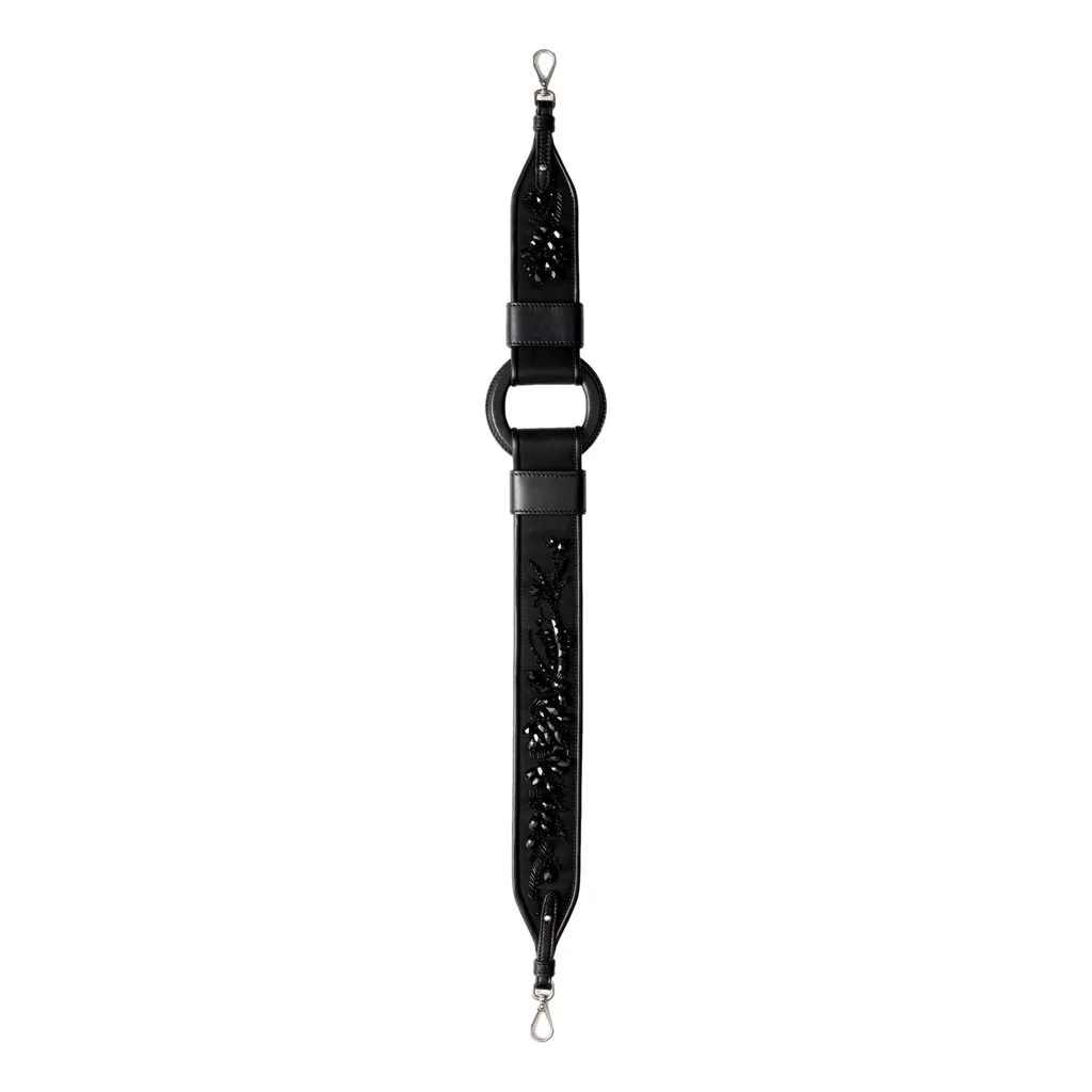 Prada Black Embroidered Re-Nylon and Leather Shoulder Strap with Ring Detail Black Polyamide Never worn - Front View