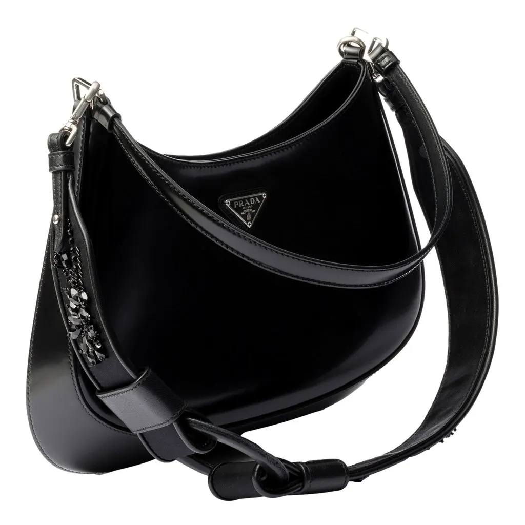 Prada Black Embroidered Re-Nylon and Leather Shoulder Strap with Ring Detail Black Polyamide Never worn - Back View