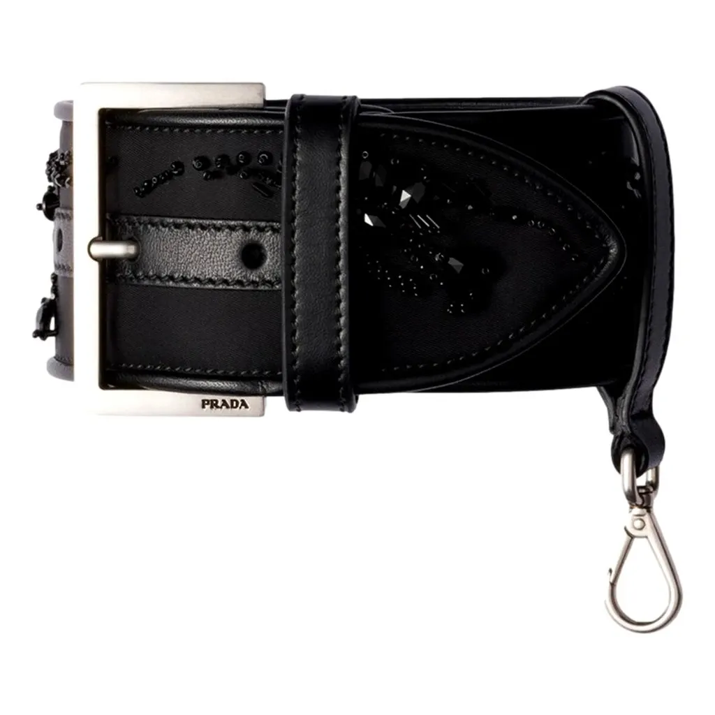 Prada Black Re-Nylon Buckle Wrist Strap with Beaded Embroidery and Leather Trim Black Polyamide Never worn - Front View