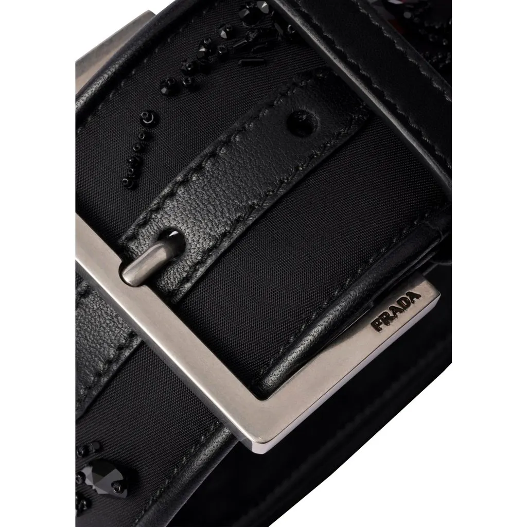 Prada Black Re-Nylon Buckle Wrist Strap with Beaded Embroidery and Leather Trim Black Polyamide Never worn - Back View