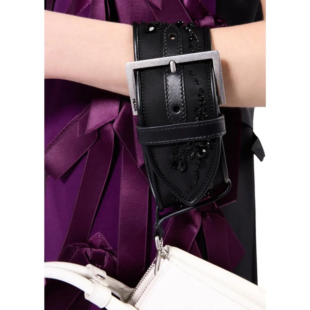 Prada Black Re-Nylon Buckle Wrist Strap with Beaded Embroidery and Leather Trim Black Polyamide Never worn - Inside View