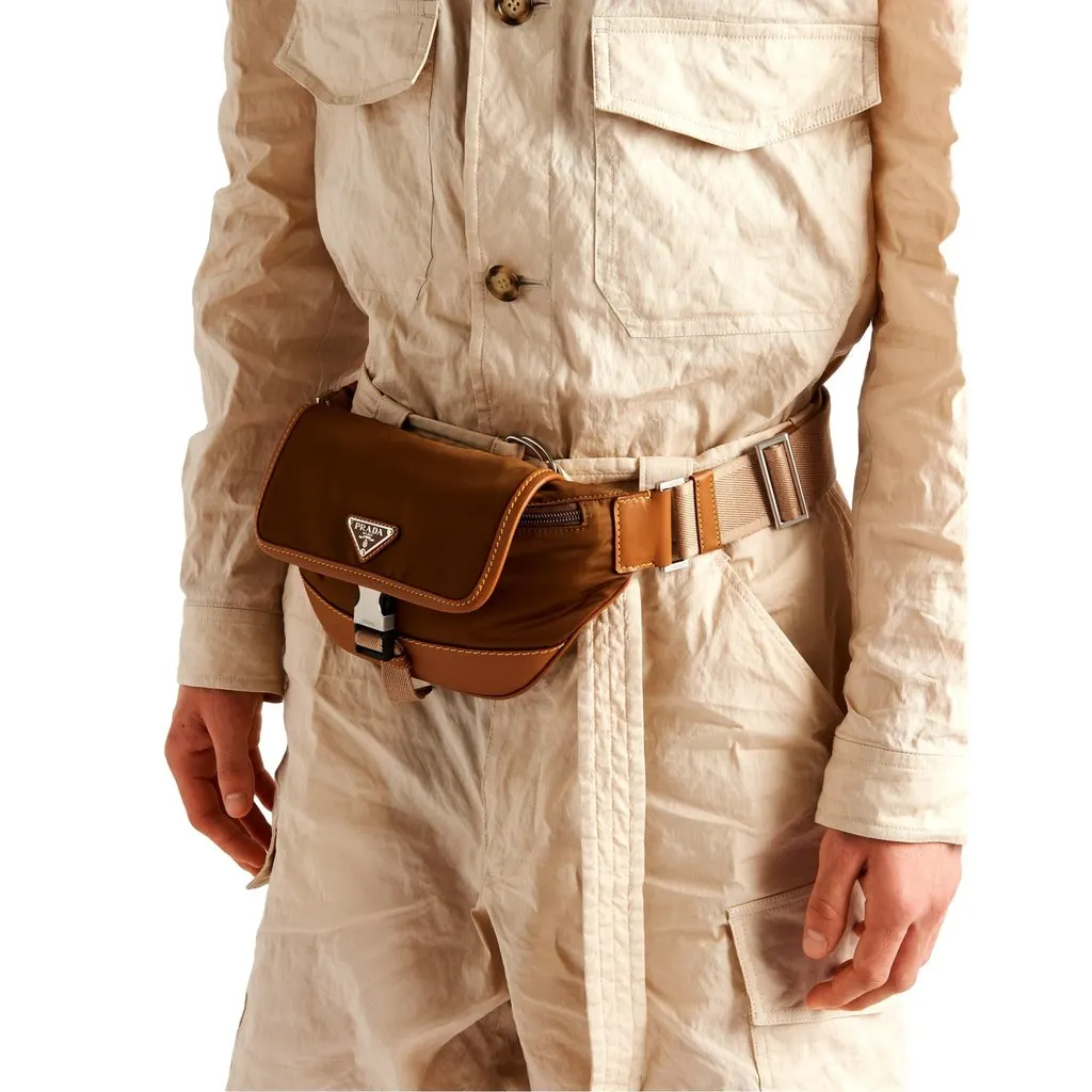 Prada Brown Nylon Leather Trim Belt Bag Waist Bag Brown Never worn - Model View