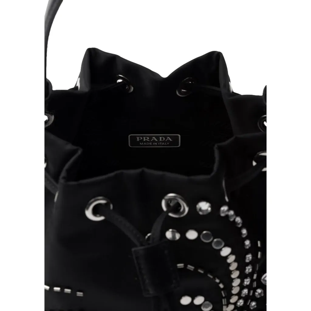 Prada Re-Nylon Mini Drawstring Bucket Bag Black Beaded Embroidered Black Never worn - Inside View