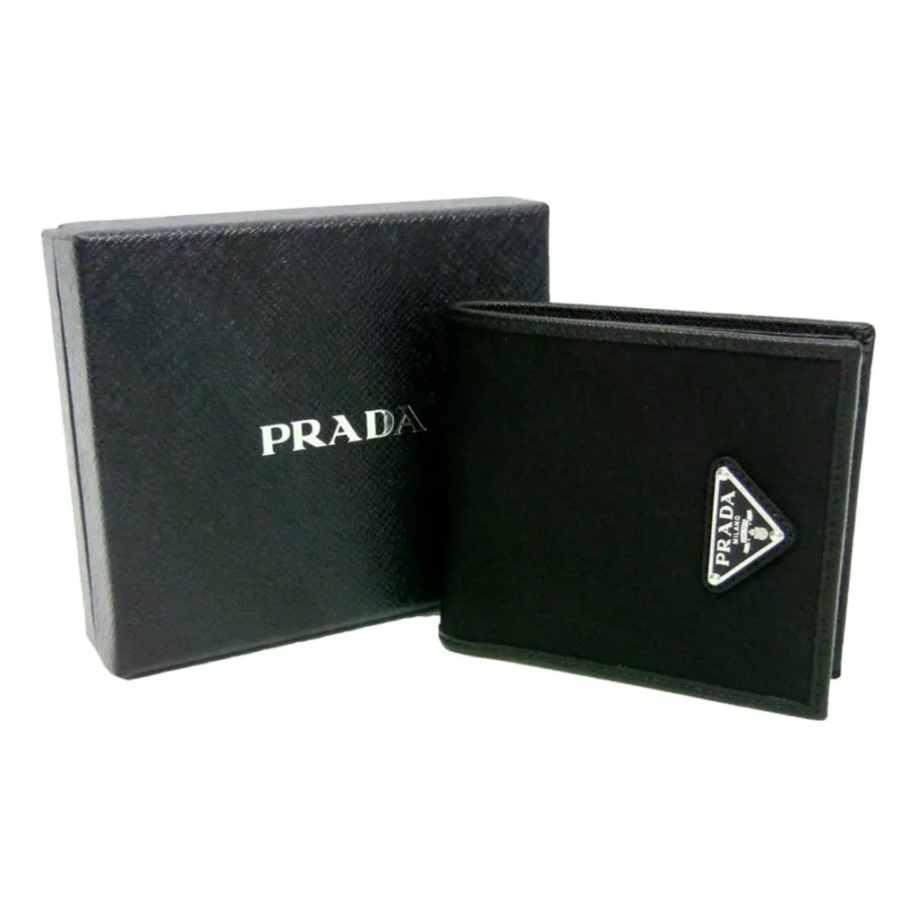 Prada Tessuto Nylon Saffiano Leather Bifold Wallet with Snap Coin Pouch Black Never worn - Model View