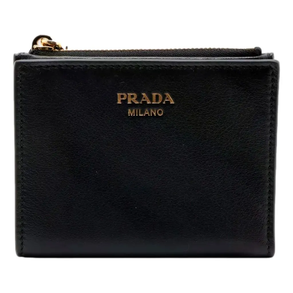 Prada Soft Calfskin Snap Bifold Zip Coin Pocket Wallet Black Black Leather Never worn - Front View