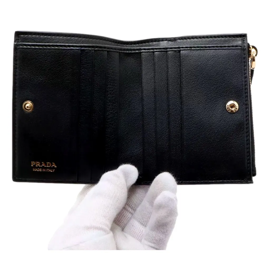 Prada Soft Calfskin Snap Bifold Zip Coin Pocket Wallet Black Black Leather Never worn - Inside View