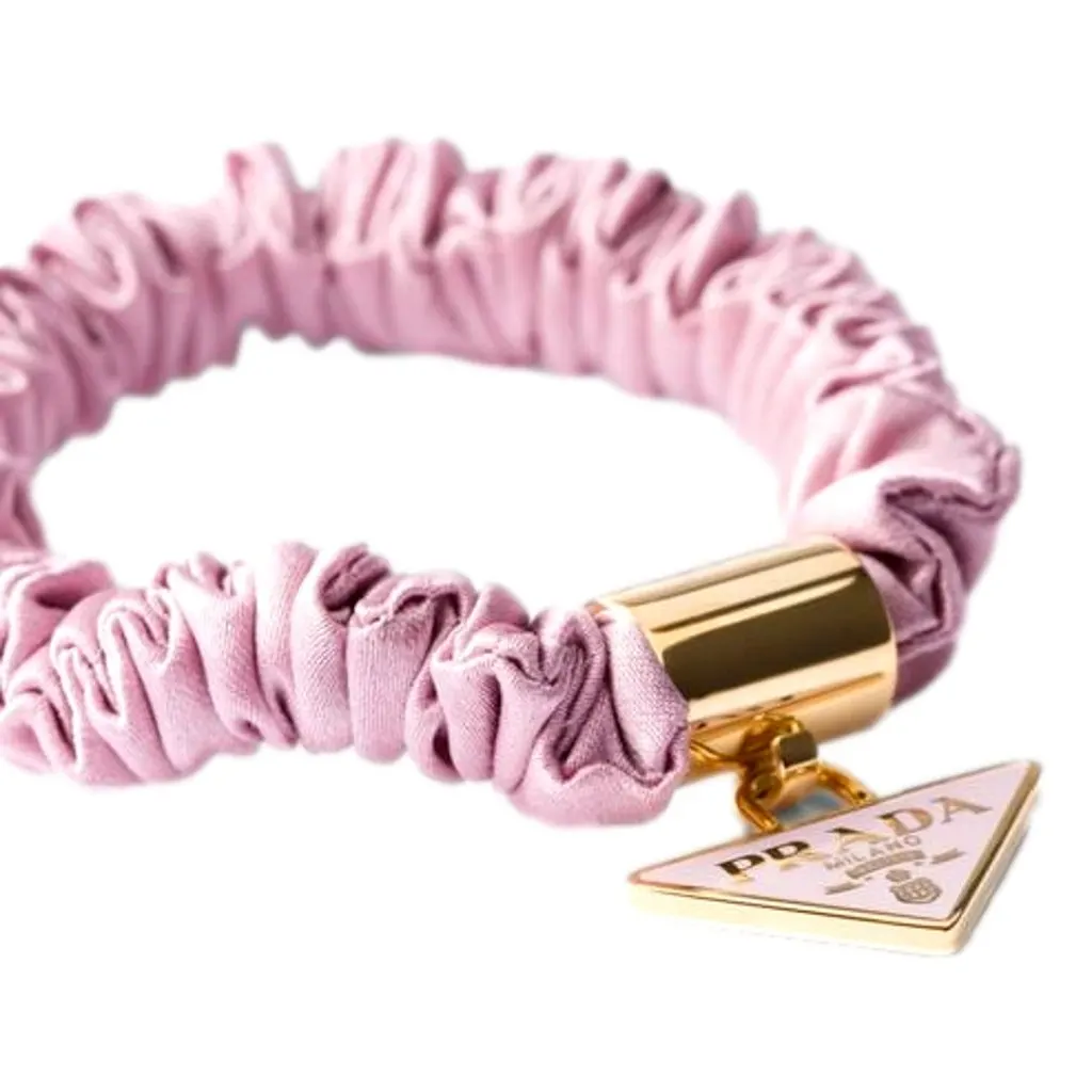 Prada Black and Pink Satin Scrunchie Hair Tie with Triangle Logo Pink Satin Never worn - Back View
