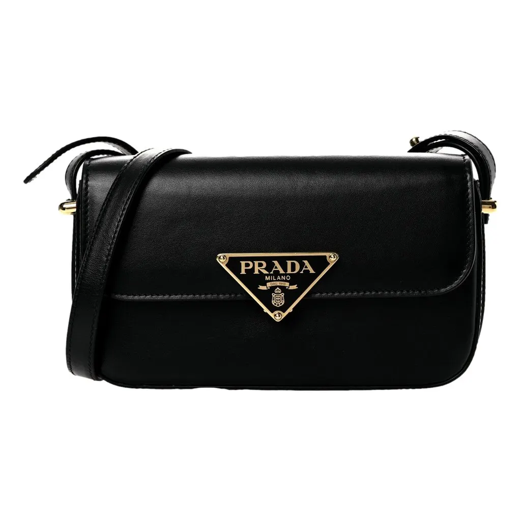 Prada Embleme Triangle Logo Soft Calfskin Crossbody Bag Black Black Leather Never worn - Front View