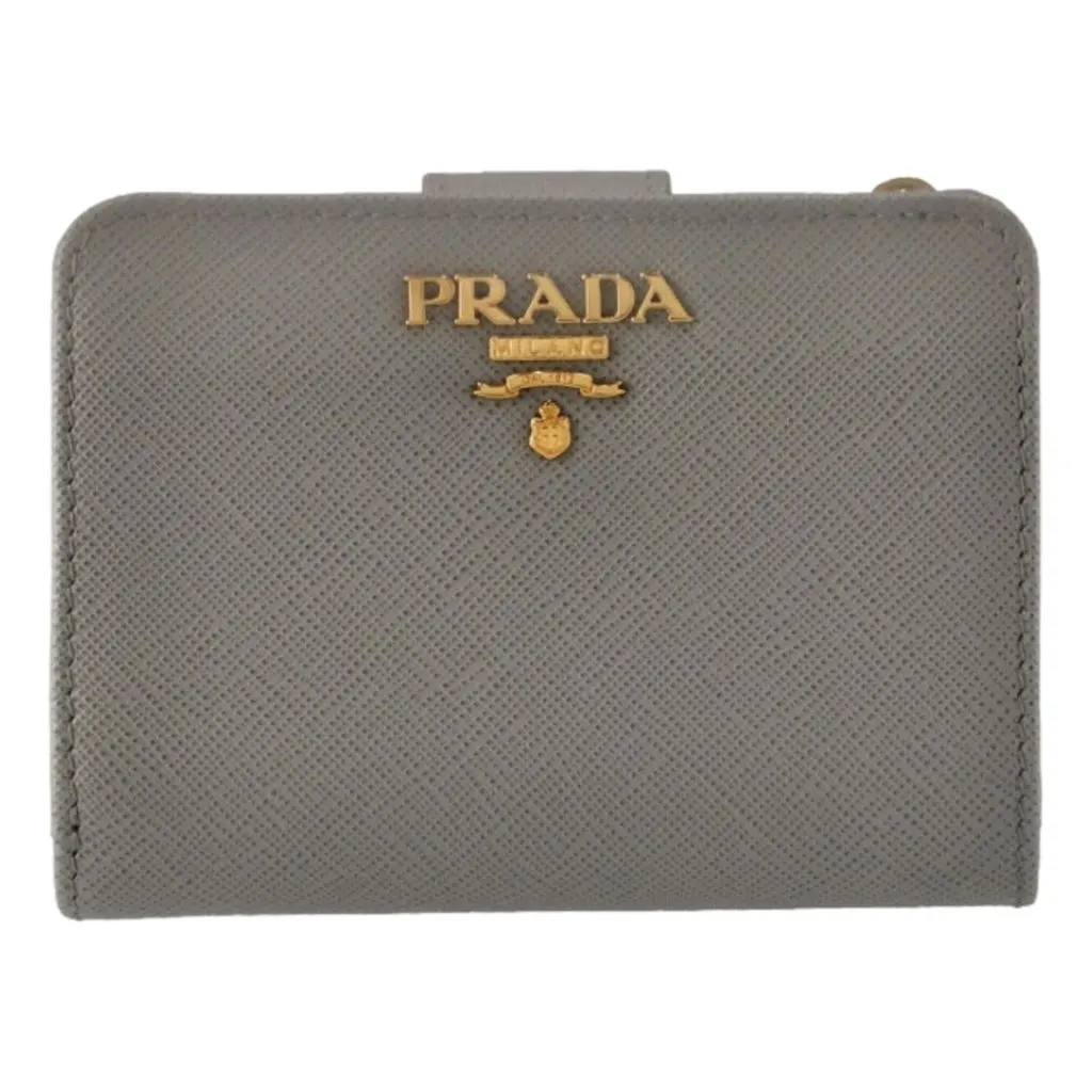 Prada Vitello Grain Argilla Grey Leather Small Wallet with Zipper Gold Plaque Logo Grey Leather Never worn - Front View
