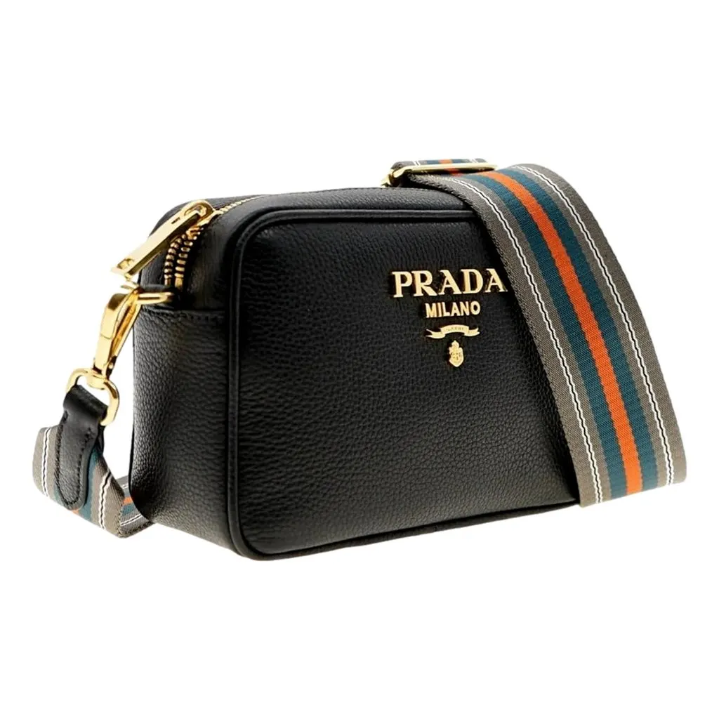 Prada Vitello Phenix Leather Crossbody Bag in Black with Gold Hardware and Web Stripe Strap Black Leather Never worn - Back View