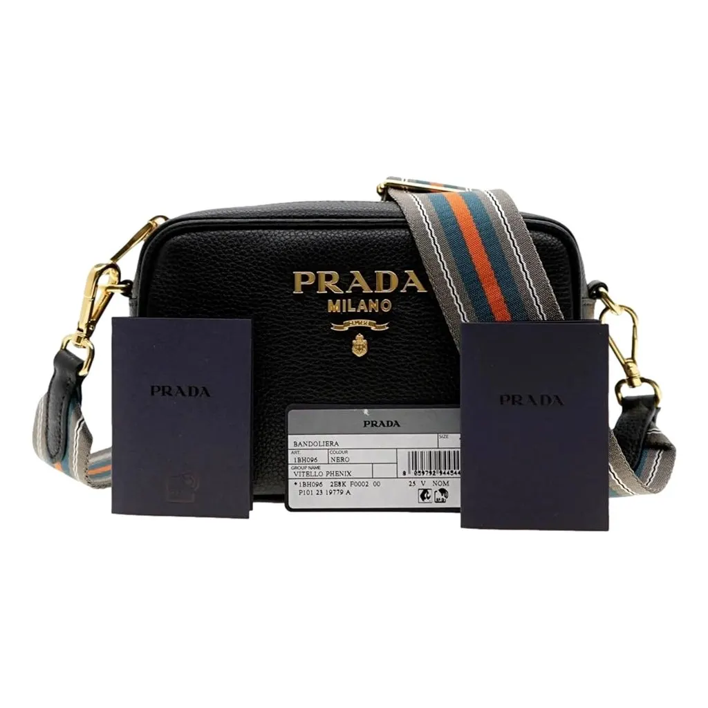 Prada Vitello Phenix Leather Crossbody Bag in Black with Gold Hardware and Web Stripe Strap Black Leather Never worn - Model View