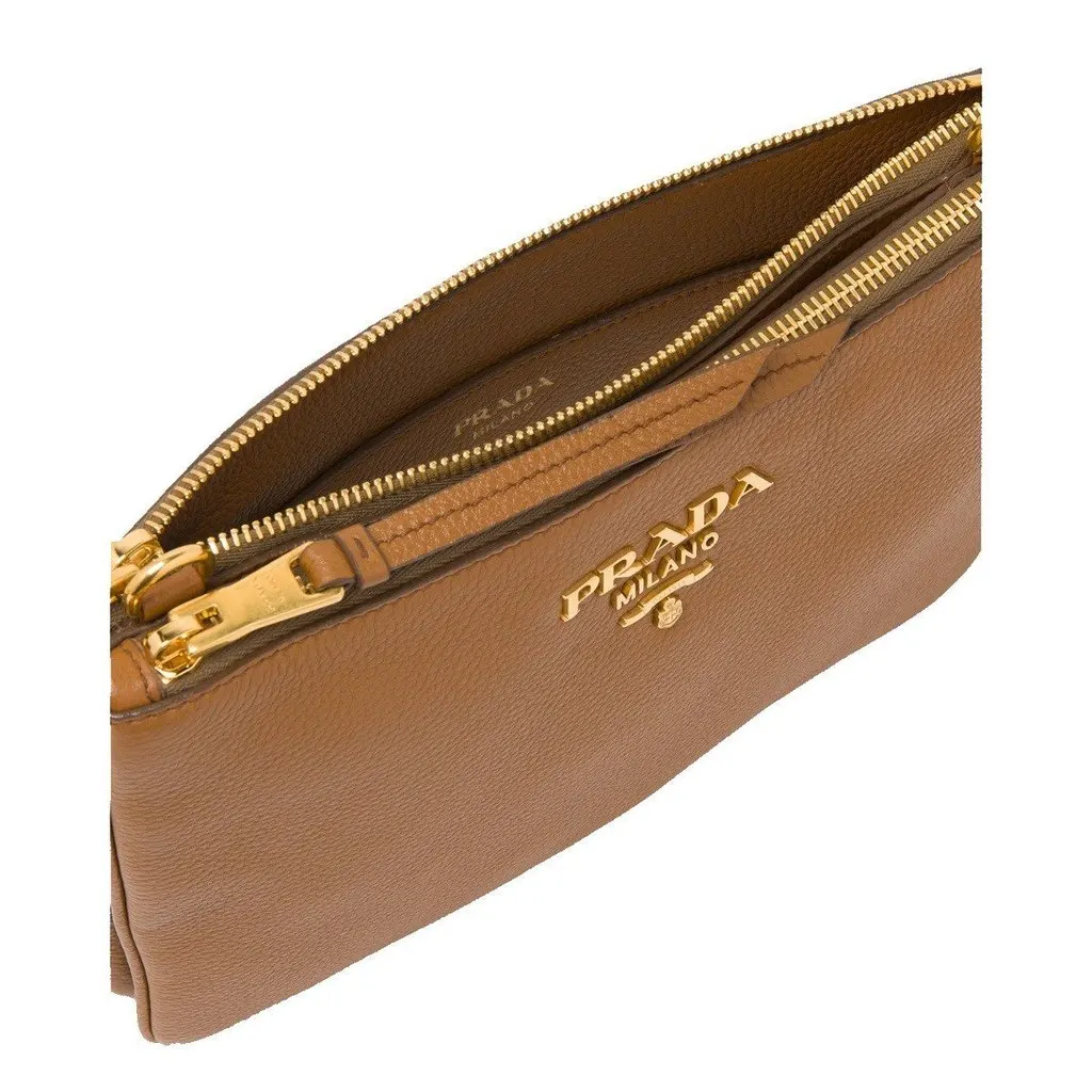 Prada Vitello Phenix Leather Crossbody Bag in Caramel Brown with Gold Hardware Brown Leather Never worn - Model View