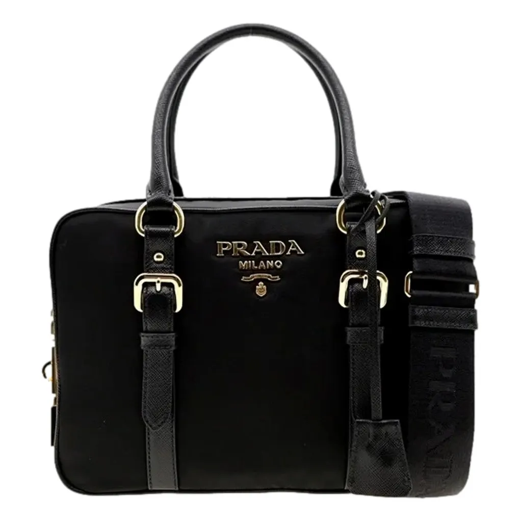 Prada Bauletto Tessuto Nylon Saffiano Black Satchel Bag Gold Lock Black Never worn - Front View