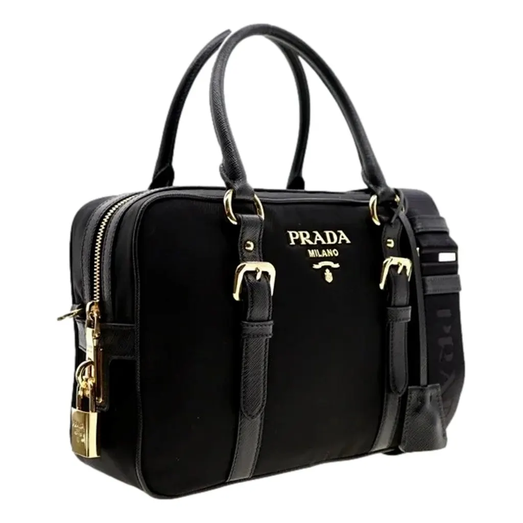 Prada Bauletto Tessuto Nylon Saffiano Black Satchel Bag Gold Lock Black Never worn - Back View