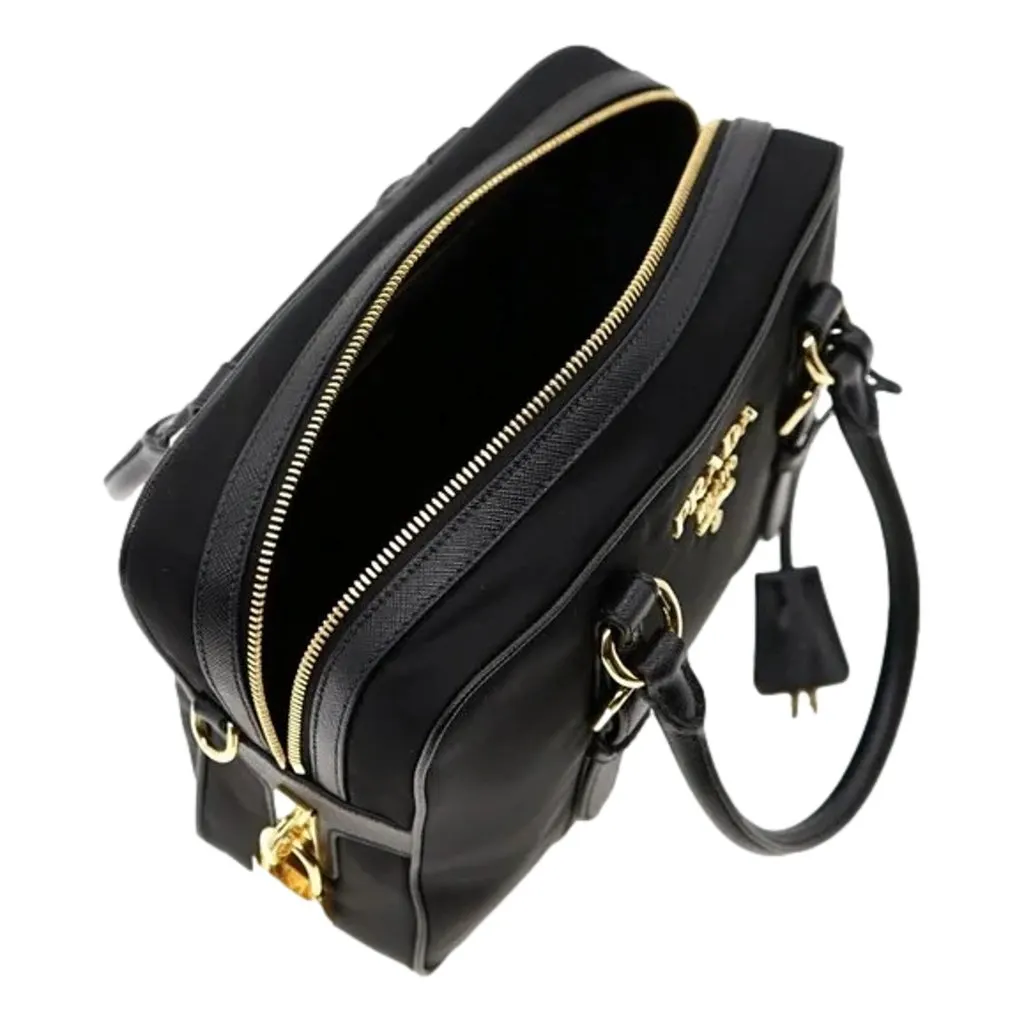 Prada Bauletto Tessuto Nylon Saffiano Black Satchel Bag Gold Lock Black Never worn - Box View