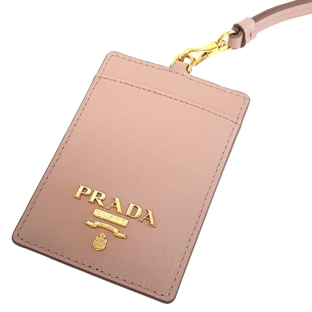 Prada Vitello Move Beige Leather Logo Plaque Lanyard Cardholder Wallet Pink Leather Never worn - Model View