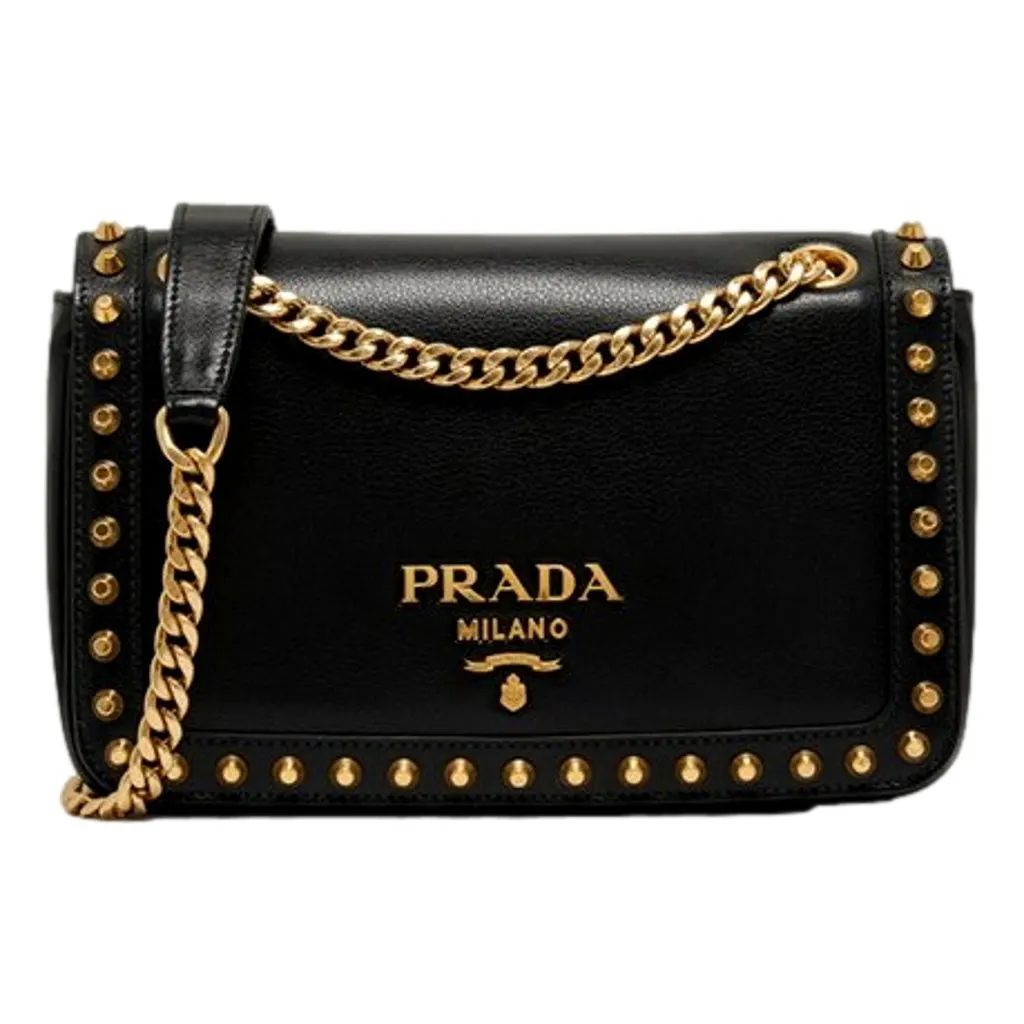 Prada Pattina Black Glace Calf Leather Studded Flap Crossbody Bag Gold Chain Black Leather Never worn - Front View