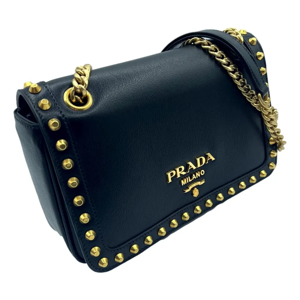 Prada Pattina Black Glace Calf Leather Studded Flap Crossbody Bag Gold Chain Black Leather Never worn - Back View