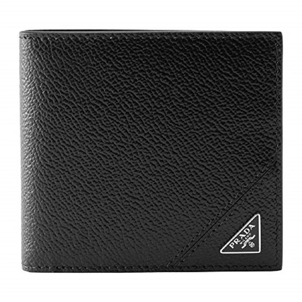 Prada Prada Mens Vitello Micro Grain Black Leather Triangle Logo Bifold Wallet Black Leather Never worn - Front View