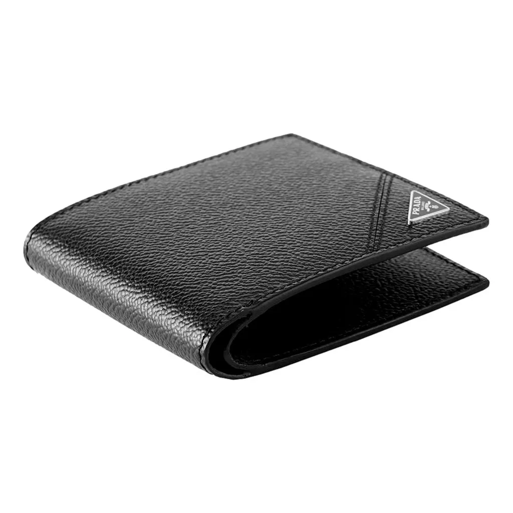 Prada Prada Mens Vitello Micro Grain Black Leather Triangle Logo Bifold Wallet Black Leather Never worn - Model View