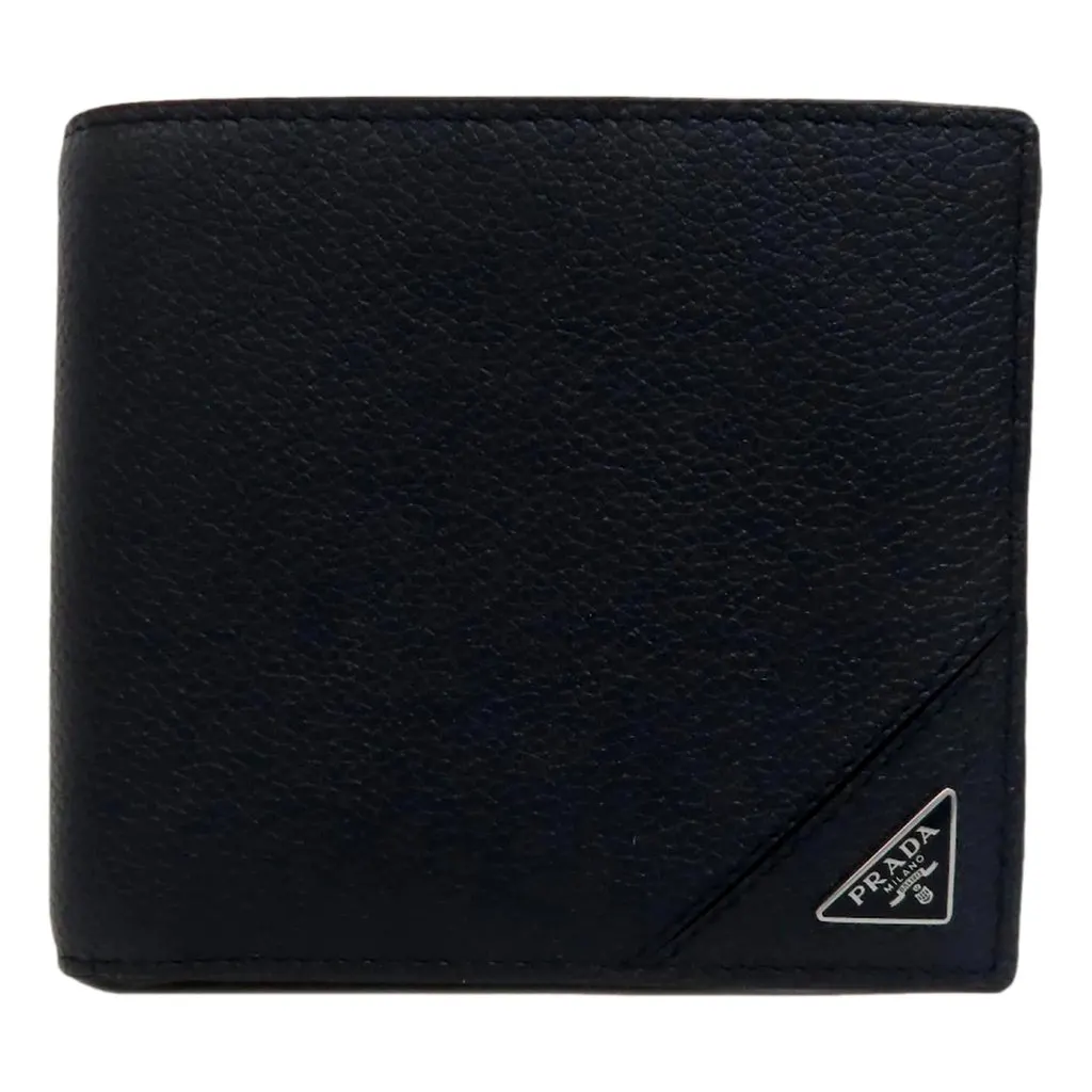 Prada Black Vitello Micro Grain Leather Bifold Wallet Triangle Enamel Logo Black Leather Never worn - Front View