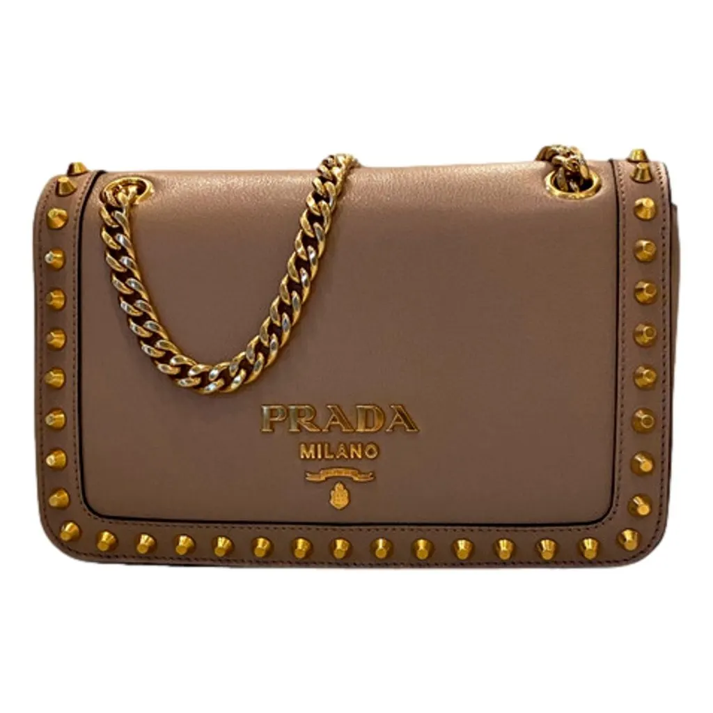Prada Pattina Glace Calf Leather Cammeo Beige Gold Studded Bag Beige Leather Never worn - Front View