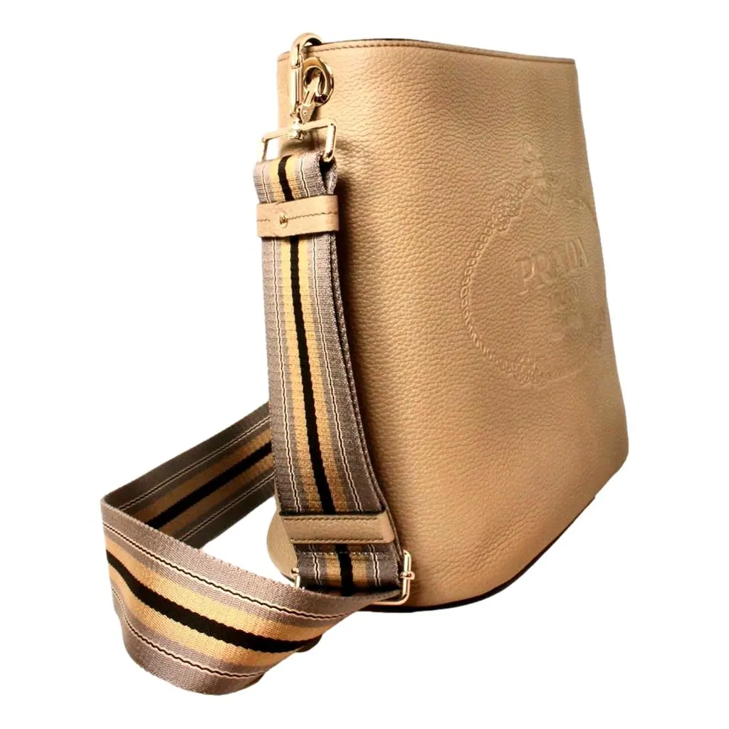 Prada Vitello Phenix Cammeo Leather Stripe Strap Bucket Bag Beige Leather Never worn - Inside View