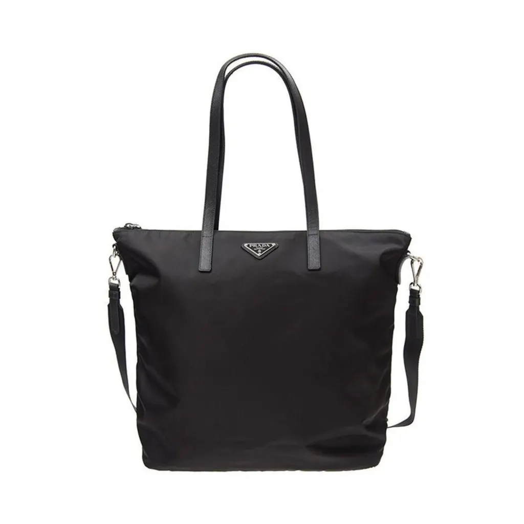 Prada Tessuto Nylon Black Convertible Shopping Tote Black Leather Never worn - Front View