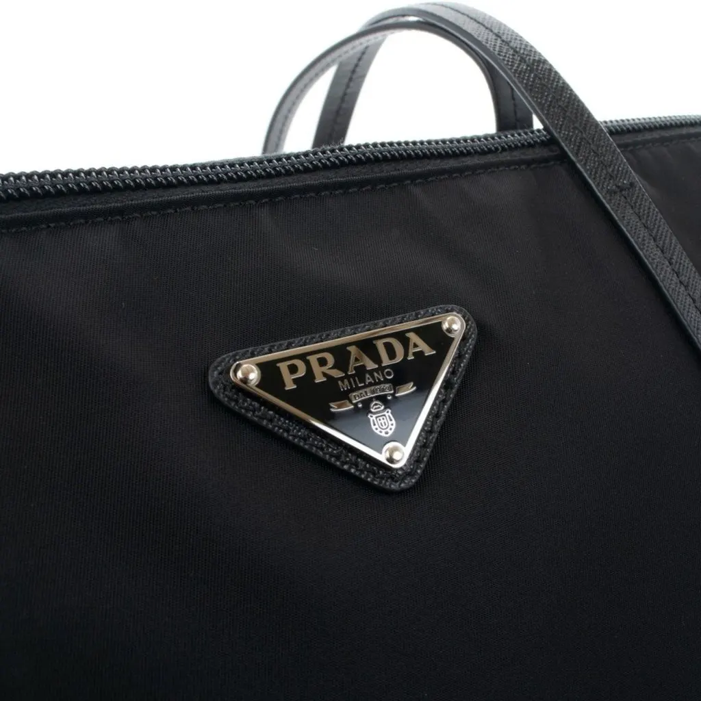 Prada Tessuto Nylon Black Convertible Shopping Tote Black Leather Never worn - Box View